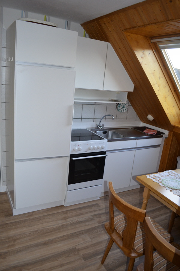 Küche mit 4 Plattenherd, Backofen, Microwelle, Toaster u.s.w.